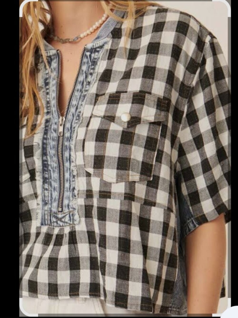 NWT Promesa Women's M Plaid & Denim Cropped Short Sleeve Zip Oversized Top Boxy